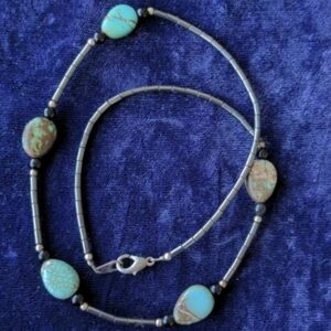 Vintage Handmade Necklace With Natural Turquoise And Hematite
